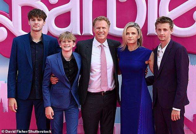 Family: Will Ferrell looked dapper in a grey suit as he was joined by his stylish wife Viveca Paulin and their three sons (L-R: Mattias, Axel, Will, Viveca Paulin and Magnus)