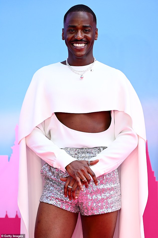 Bold: Ncuti, who is making his Hollywood debut as one of the film's many Kens, showed off his long legs in sparkling silver hotpants for the occasion