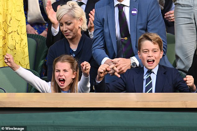 Prince George (right) and Princess Charlotte (left) stole the show as the pair punched the air in delight to celebrate the world number one's maiden Wimbledon title in the five-set epic