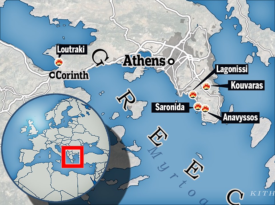 Thousands of holidaymakers at six seaside resorts in Greece, including Lagonissi and Loutraki, have been evacuated due to raging wildfires