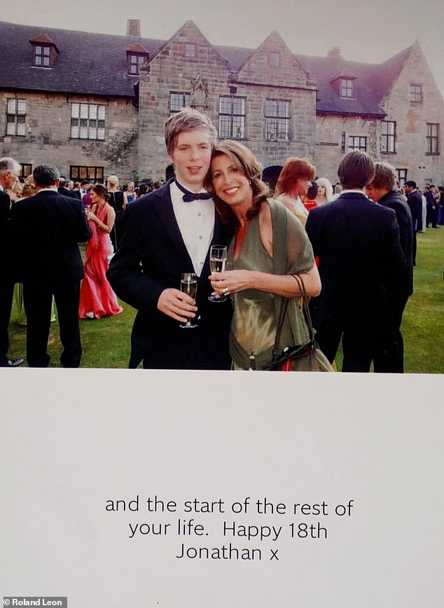 A pictured of Jonathan Arnold with his mother attached to a card wishing him a happy 18th birthday