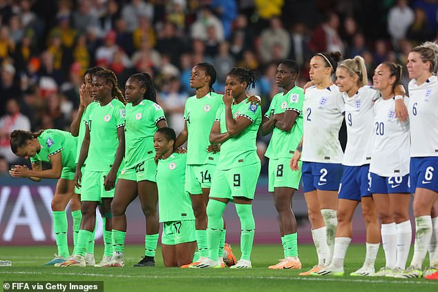 After 120 minutes, with no goals netted, the match went to a penalty shootout (pictured are players waiting as the penalties were taken)