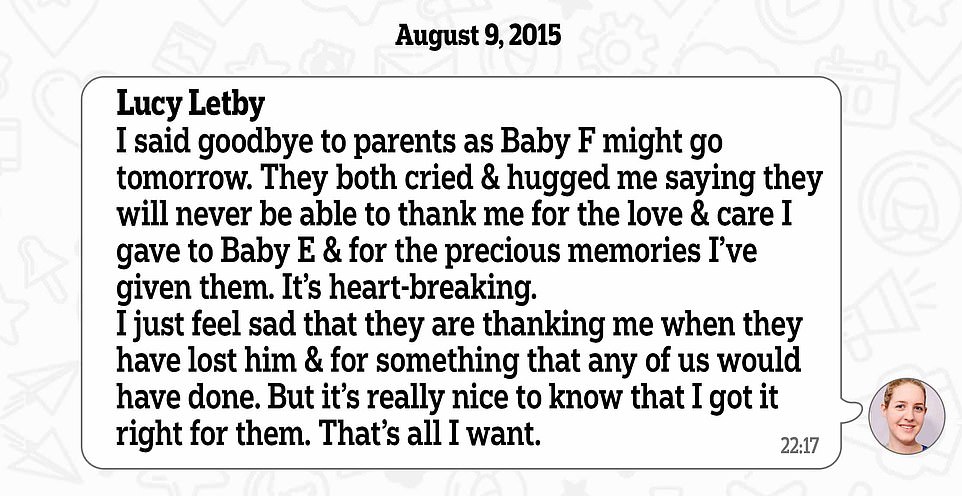 The nurse describes 'crying and hugging' the parents of Baby E, who died in her care