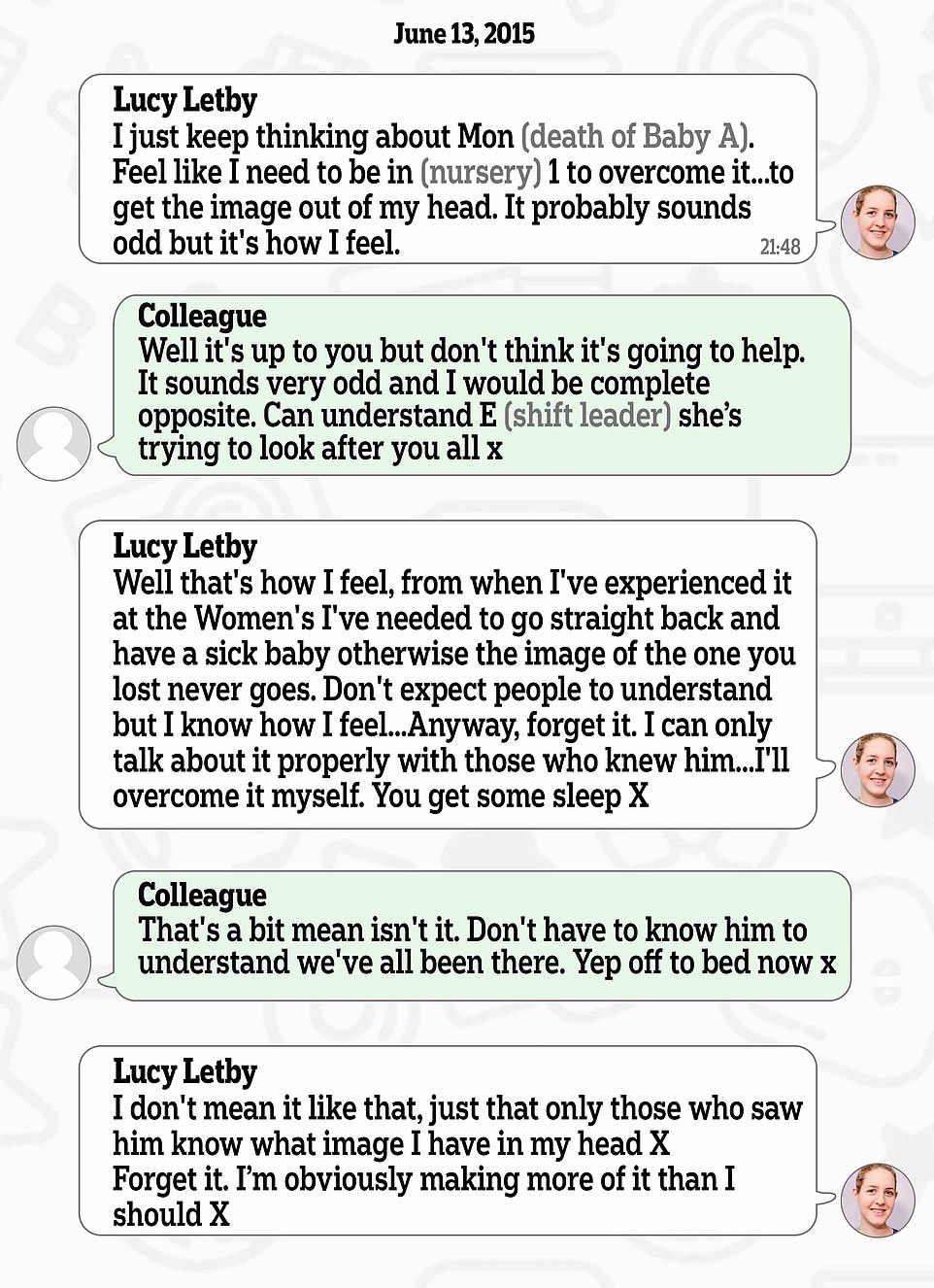 Letby texting a colleague after the death of Baby A