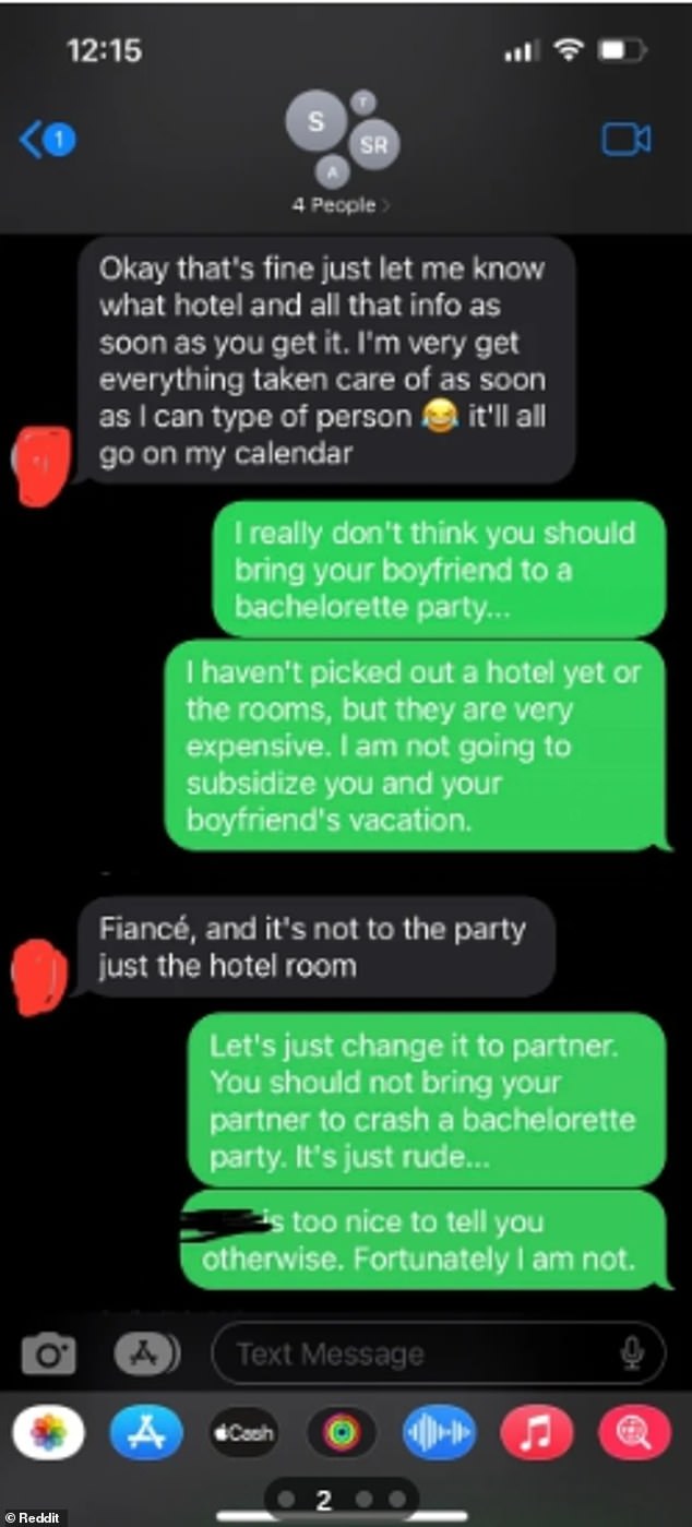 The stunned bride responded 'I really don't think you should bring your partner to a bachelorette party...'