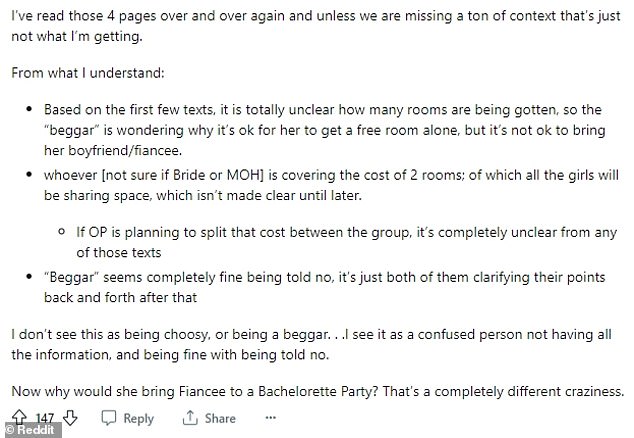 However, not everyone thinks the bridesmaid is being unreasonable