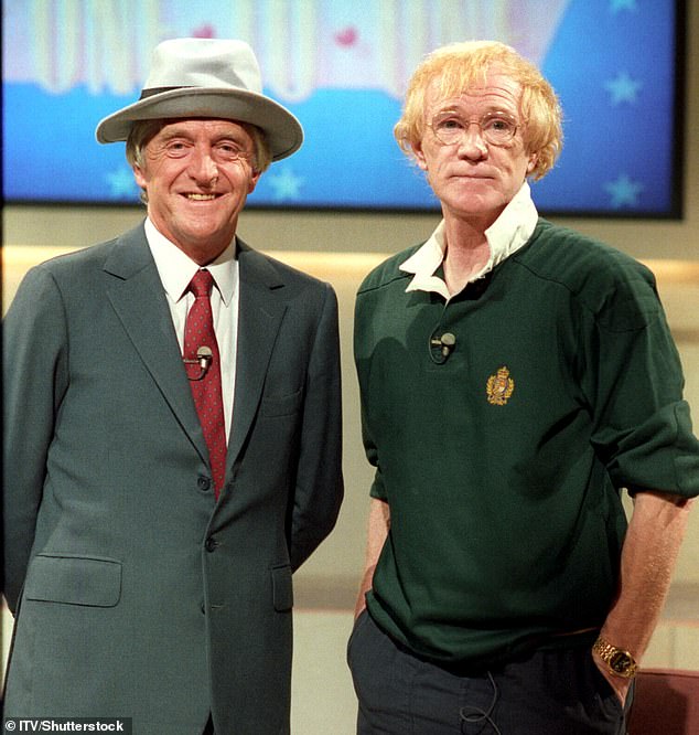 Parkinson pictured with guest, revered actor Richard Harris, who starred as Professor Dumbledore in the first Harry Potter film, in 1987
