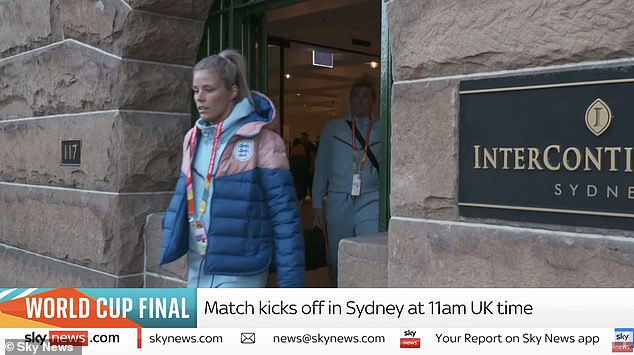 England forward Rachel Daly looks focused as she steps out of the team hotel ahead of the game