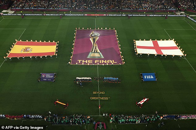 Players stand for the national anthems ahead of the Australia and New Zealand 2023 Women's World Cup final football match