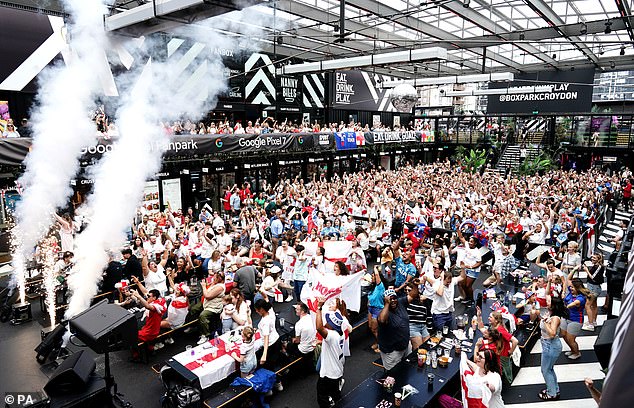 England fans ahead of a screening of the FIFA Women's World Cup 2023 final between Spain and England at BOXPARK Croydon