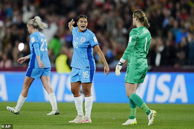 England's Jessica Carter and Mary Earps ask questions of each other after conceding the opening goal to Spain