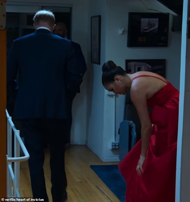 In one scene, Prince Harry confesses to his wife that he is 'nervous' about walking the red carpet and the event