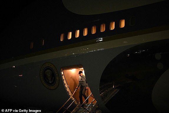US President Joe Biden steps off Air Force One upon arrival at Andrews Air Force Base in Maryland, on early October 19, 2023. Egyptian President Abdel Fattah al-Sisi has agreed to open the Rafah crossing into Gaza to allow a first batch of around 20 humanitarian aid trucks through, US President Joe Biden said October 18, 2023. (Photo by Brendan SMIALOWSKI / AFP) (Photo by BRENDAN SMIALOWSKI/AFP via Getty Images)