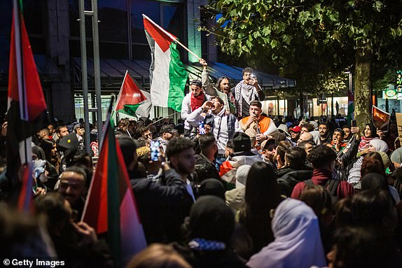 BOCHUM, GERMANY - OCTOBER 18: Pro-Palestinian demonstrators gather to show support for Palestine and condemn the attacks of Israel in Gaza on October 18, 2023 in Bochum, Germany. Authorities in Gaza say that 500 people were killed in an explosion at the Al-Ahli Arab Hospital in Gaza City last night. Hamas claim it was caused by an Israeli air strike while Israel claim it was a rocket misfired by Palestinian militants Islamic Jihad. (Photo by Hesham Elsherif/Getty Images)