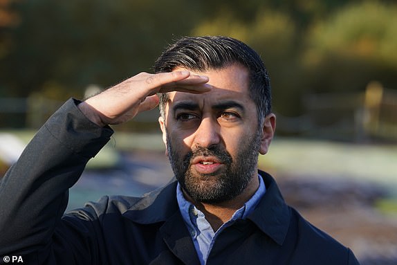 First Minister Humza Yousaf during a visit to Brechin, Scotland, to thank members of the emergency services and Angus Council for their efforts in responding to the flooding caused by Storm Babet. Picture date: Monday October 23, 2023. PA Photo. See PA story WEATHER Babet. Picture credit should read: Andrew Milligan/PA Wire