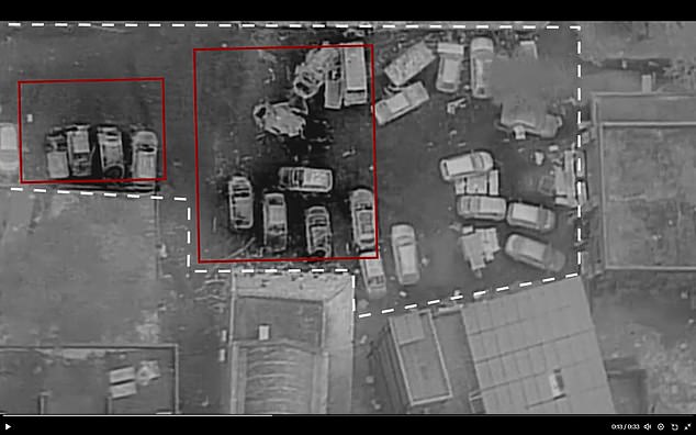 'The walls stay intact. There are no craters in the parking lot. These are the characteristics that show it was not an aerial munition that hit the parking lot,' Hagari concluded. Damaged cars are seen in this image but no evidence of major damage to the tarmac itself