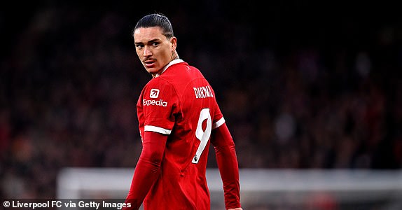 LIVERPOOL, ENGLAND - NOVEMBER 12: (THE SUN OUT, THE SUN ON SUNDAY OUT) Darwin Nunez of Liverpool during the Premier League match between Liverpool FC and Brentford FC at Anfield on November 12, 2023 in Liverpool, England. (Photo by Andrew Powell/Liverpool FC via Getty Images)