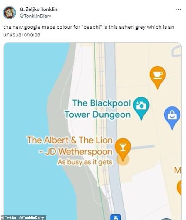 One X user shared a picture of Blackpool Beach, writing: 'The new Google Maps colour for "beach!" is this ashen grey which is an unusual choice'