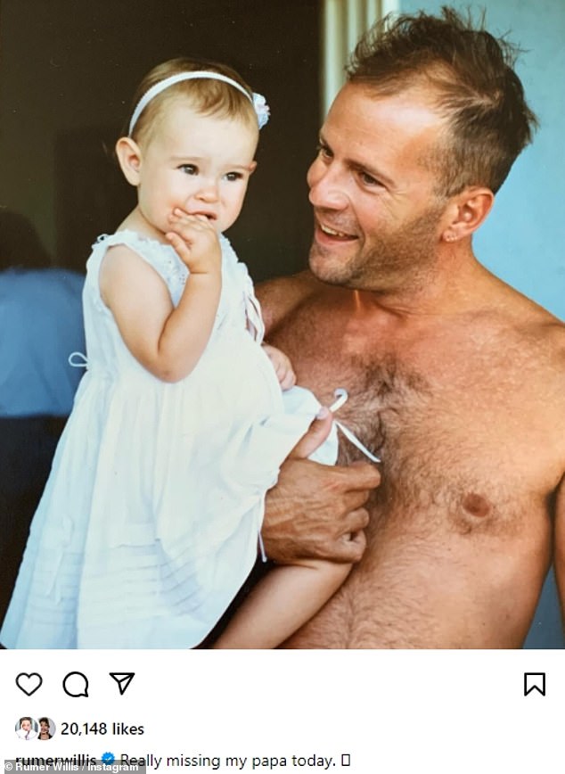 Nostalgia: Just three days earlier, Rumer touchingly posted a throwback of herself as a little girl in Bruce's arms and wrote: 'Really missing my papa today'