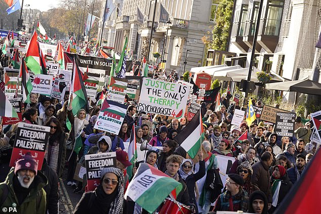 Eighteen demonstrators were arrested in the capital yesterday during the rally calling for a permanent ceasefire in Gaza