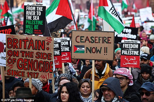 Yesterday thousands of pro-Palestine protesters flooded the streets of Central London shouting a 'from the river to the sea' chant, with some holding anti-Semitic banners