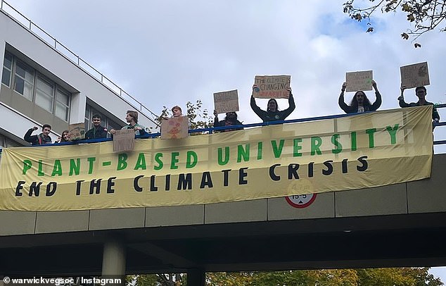 Students at the University of Warwick backed a motion forcing union-run catering outlets to go vegan (pictured are some of the campaigners at the university)