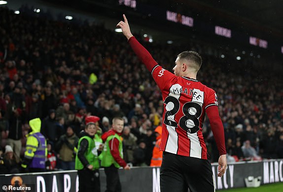 Soccer Football - Premier League - Sheffield United v Brentford - Bramall Lane, Sheffield, Britain - December 9, 2023 Sheffield United's James McAtee celebrates scoring their first goal REUTERS/Chris Radburn NO USE WITH UNAUTHORIZED AUDIO, VIDEO, DATA, FIXTURE LISTS, CLUB/LEAGUE LOGOS OR 'LIVE' SERVICES. ONLINE IN-MATCH USE LIMITED TO 45 IMAGES, NO VIDEO EMULATION. NO USE IN BETTING, GAMES OR SINGLE CLUB/LEAGUE/PLAYER PUBLICATIONS.