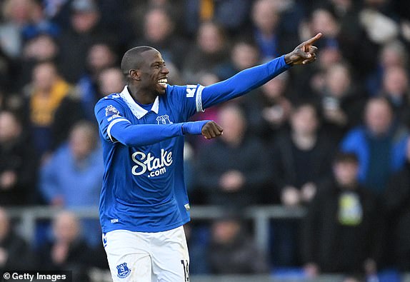 LIVERPOOL, ENGLAND - DECEMBER 10: Abdoulaye Doucoure of Everton celebrates after scoring their team's first goal during the Premier League match between Everton FC and Chelsea FC at Goodison Park on December 10, 2023 in Liverpool, England. (Photo by Stu Forster/Getty Images)