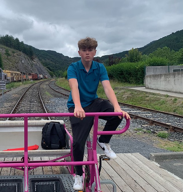 The pictures obtained exclusively by MailOnline come from Frederic Hambye and Ingrid Beauve, owners of a French farmhouse called Gite de la Bastide. Alex is pictured here cycling