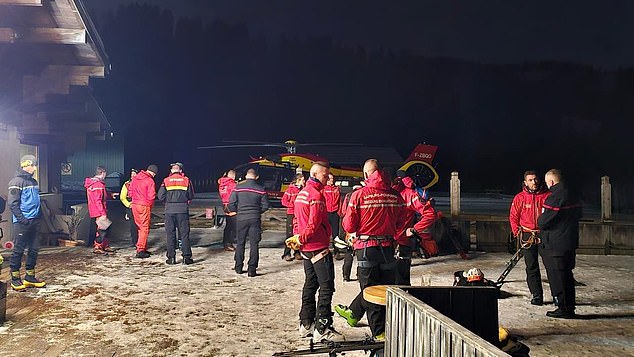 Dozens of mountain rescuers (pictured) set out to search for skiers who were trapped the mother and son and a third person injured. Five others were rescued