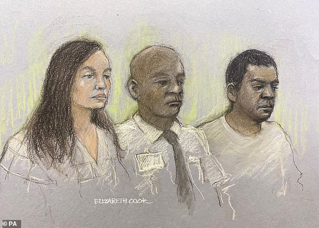 A sketch of Marten (left) and Gordon with a dock officer in the middle at the Old Bailey in March 2023