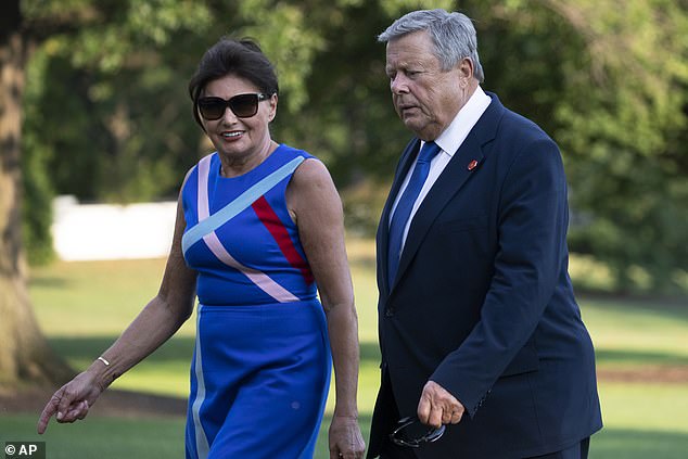 First lady Melania Trump's parents Viktor and Amalija Knavs arrive at the White House in August 2019