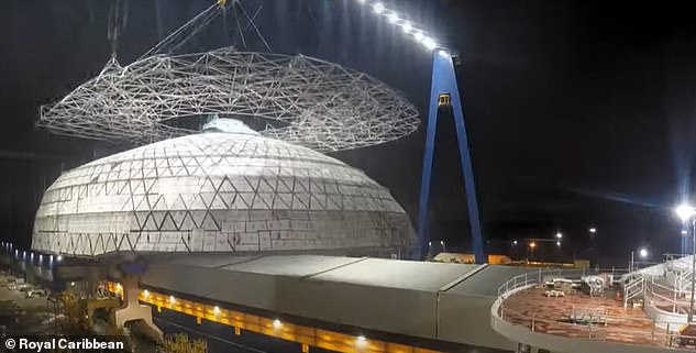The 363-tonne AquaDome is lifted into place by Meyer Turku in November 2022