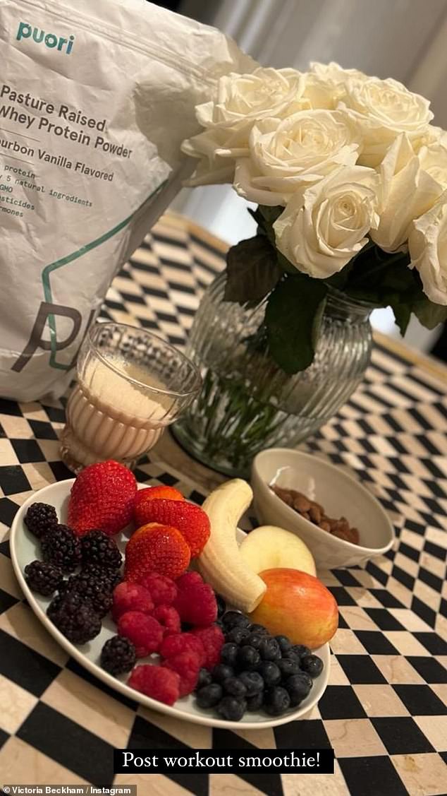 Victoria revealed after an exercise session she then enjoys a post work-out smoothie, with protein powder, nuts and fresh fruit