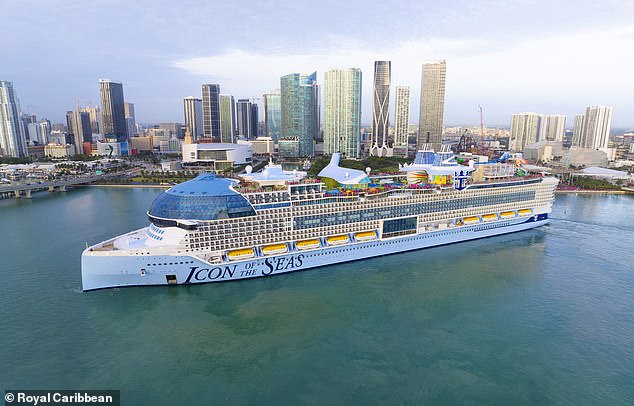 Icon of the Seas, pictured here in Miami, cost $2billion (£1.5billion) to make and took 900 days to build