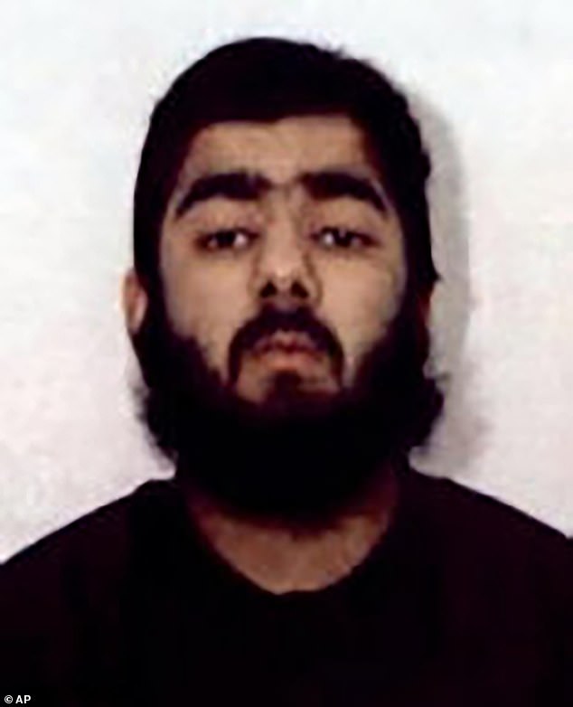 Usman Khan (pictured) who was imprisoned for six years for terrorism offenses before his release and stabbed several people in London in 2019, before he was shot dead by officers on London Bridge