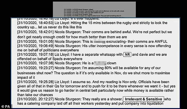 Ms Sturgeon was exchanging messages with chief adviser Liz Lloyd on October 31, 2020 as Mr Johnson was announcing another national lockdown