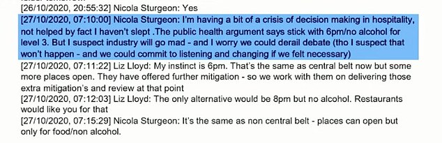 The messages highlighted at the inquiry today showed Ms Sturgeon and Ms Lloyd engaged in a detailed discussion in October 2020 about what times to allow restaurants to stay open until