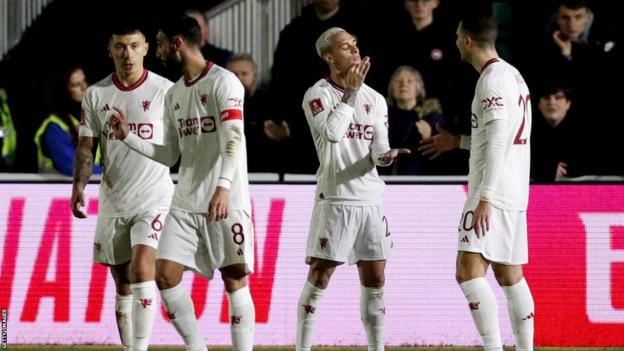 Antony celebrates making it 3-2 to Manchester United against Newport County.