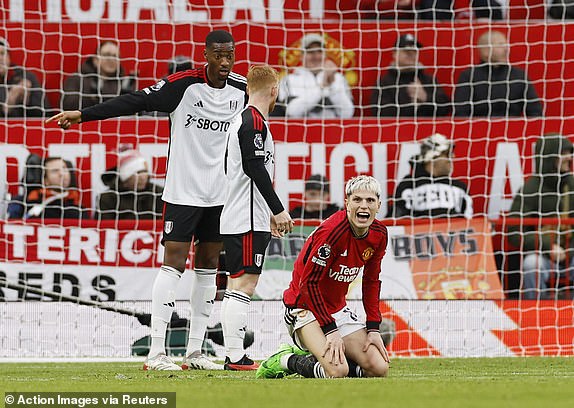 Soccer Football - Premier League - Manchester United v Fulham - Old Trafford, Manchester, Britain - February 24, 2024 Manchester United's Alejandro Garnacho reacts after a missed chance Action Images via Reuters/Jason Cairnduff NO USE WITH UNAUTHORIZED AUDIO, VIDEO, DATA, FIXTURE LISTS, CLUB/LEAGUE LOGOS OR 'LIVE' SERVICES. ONLINE IN-MATCH USE LIMITED TO 45 IMAGES, NO VIDEO EMULATION. NO USE IN BETTING, GAMES OR SINGLE CLUB/LEAGUE/PLAYER PUBLICATIONS.