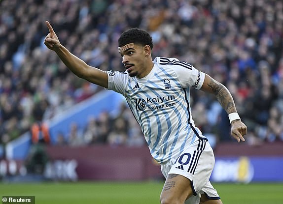 Soccer Football - Premier League - Aston Villa v Nottingham Forest - Villa Park, Birmingham, Britain - February 24, 2024 Nottingham Forest's Morgan Gibbs-White celebrates scoring their second goal REUTERS/Tony Obrien NO USE WITH UNAUTHORIZED AUDIO, VIDEO, DATA, FIXTURE LISTS, CLUB/LEAGUE LOGOS OR 'LIVE' SERVICES. ONLINE IN-MATCH USE LIMITED TO 45 IMAGES, NO VIDEO EMULATION. NO USE IN BETTING, GAMES OR SINGLE CLUB/LEAGUE/PLAYER PUBLICATIONS.