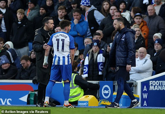 Soccer Football - Premier League - Brighton & Hove Albion v Everton - The American Express Community Stadium, Brighton, Britain - February 24, 2024 Brighton & Hove Albion's Billy Gilmour reacts after being shown a red card by referee Tony Harrington Action Images via Reuters/Paul Childs NO USE WITH UNAUTHORIZED AUDIO, VIDEO, DATA, FIXTURE LISTS, CLUB/LEAGUE LOGOS OR 'LIVE' SERVICES. ONLINE IN-MATCH USE LIMITED TO 45 IMAGES, NO VIDEO EMULATION. NO USE IN BETTING, GAMES OR SINGLE CLUB/LEAGUE/PLAYER PUBLICATIONS.