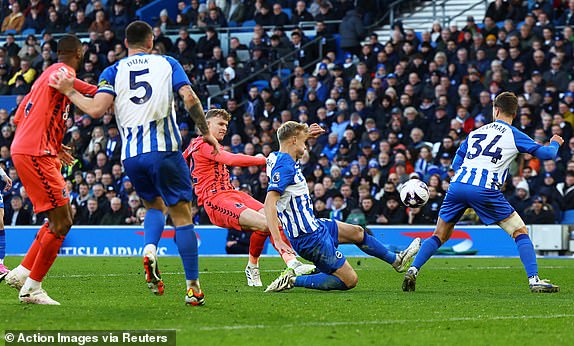 Soccer Football - Premier League - Brighton & Hove Albion v Everton - The American Express Community Stadium, Brighton, Britain - February 24, 2024 Everton's Jarrad Branthwaite scores their first goal Action Images via Reuters/Paul Childs NO USE WITH UNAUTHORIZED AUDIO, VIDEO, DATA, FIXTURE LISTS, CLUB/LEAGUE LOGOS OR 'LIVE' SERVICES. ONLINE IN-MATCH USE LIMITED TO 45 IMAGES, NO VIDEO EMULATION. NO USE IN BETTING, GAMES OR SINGLE CLUB/LEAGUE/PLAYER PUBLICATIONS.