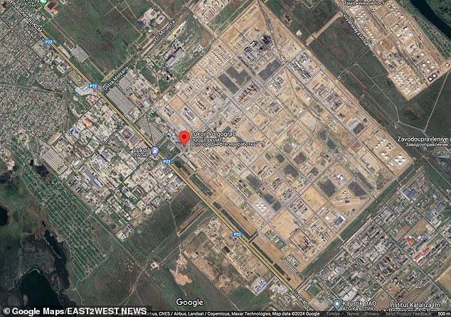 The inferno from the explosion covered some 3,230 square feet, said governor of the Volgograd region, Andrei Bocharov (Pictured: a map of the oil refinery at Volgograd)