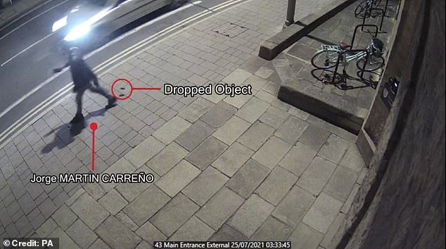 The footage shows Mr Carreno, a Spanish national, trying to find his way home, and not realising he has dropped his wallet