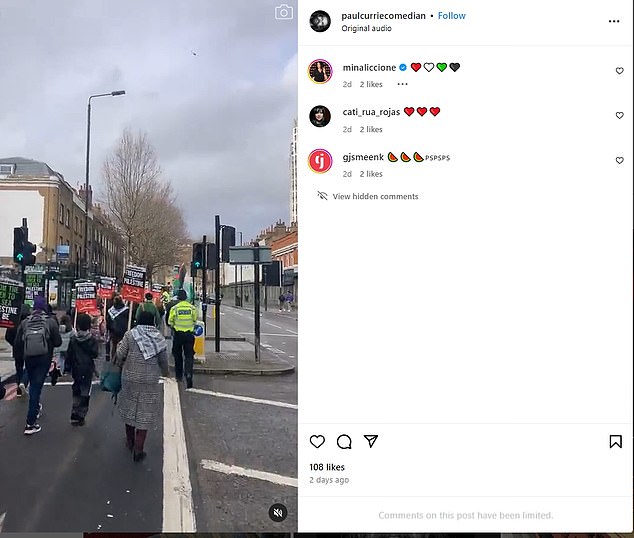 An Instagram post by Paul Currie attending a pro-Palestine protest