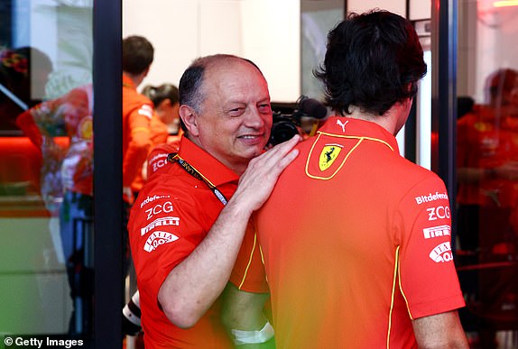 JEDDAH, SAUDI ARABIA - MARCH 09: Carlos Sainz of Spain and Ferrari talks with Ferrari Team Principal Frederic Vasseur in the Paddock after being taken ill ahead of the race prior to the F1 Grand Prix of Saudi Arabia at Jeddah Corniche Circuit on March 09, 2024 in Jeddah, Saudi Arabia. (Photo by Clive Rose/Getty Images)