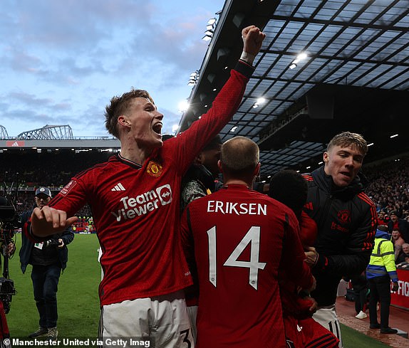 MANCHESTER, ENGLAND - MARCH 17: Scott McTominay of Manchester United celebrates Amad scoring their fourth goal during the Emirates FA Cup Quarter Final match between Manchester United and Liverpool at Old Trafford on March 17, 2024 in Manchester, England. (Photo by Matthew Peters/Manchester United via Getty Images)