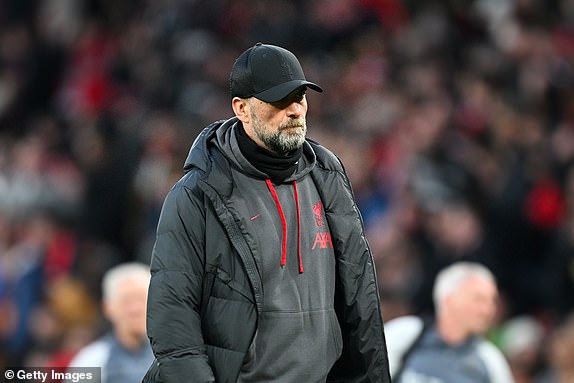 MANCHESTER, ENGLAND - MARCH 17: Jurgen Klopp, Manager of Liverpool, looks dejected after defeat to Manchester United during the Emirates FA Cup Quarter Final between Manchester United and Liverpool FC at Old Trafford on March 17, 2024 in Manchester, England. (Photo by Michael Regan/Getty Images)