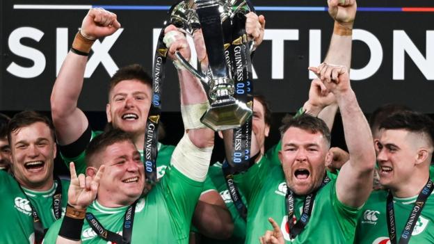 Ireland captain Peter O'Mahony and Tadhg Furlong lift the Six Nations trophy